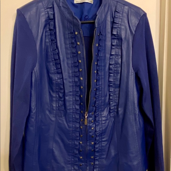 Peter Nygard Women's Cobalt Blue Ruffles & Studded Leather Jacket Size M - Picture 4 of 8